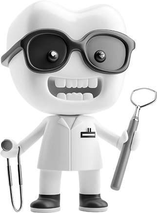 Cartoon style illustration of a smiling dentist with a tooth for a head